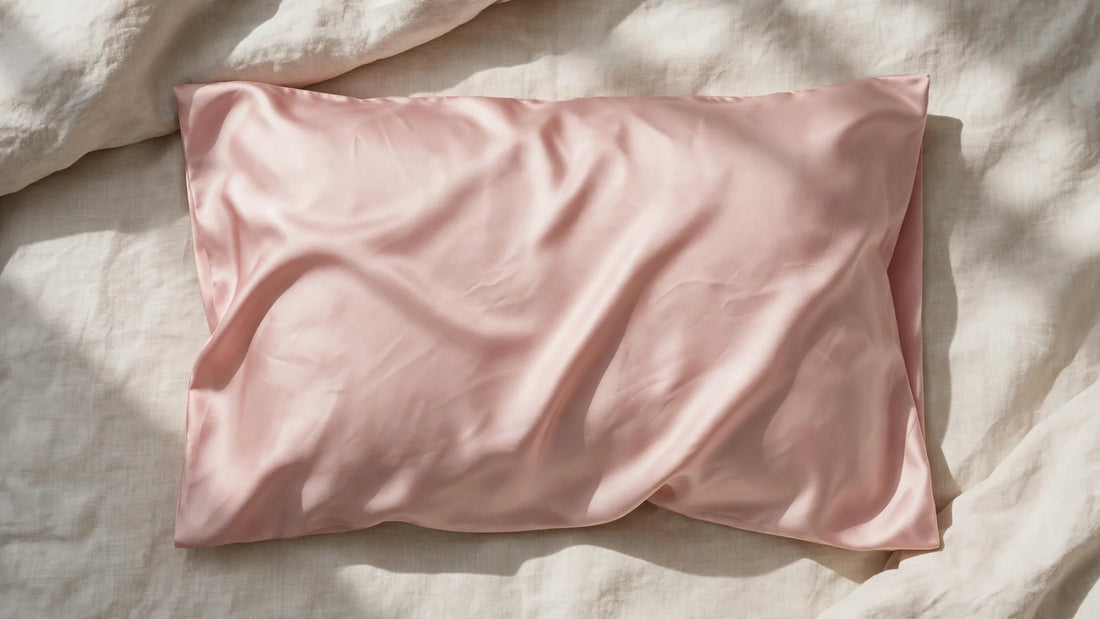 Glatter blush-rosa Satin-Kissenbezug flach ausgebreitet auf einem Bett