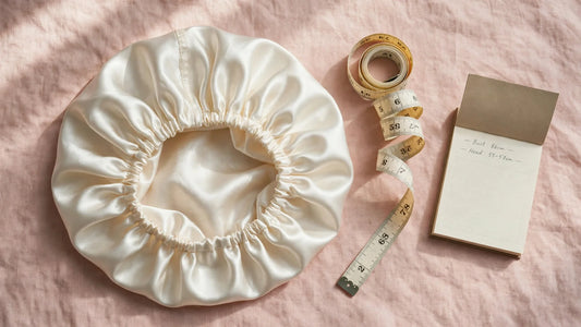 Elfenbeinfarbene Seidenhaube mit Maßband und Notizblock, Flat Lay auf rosigem Leinen