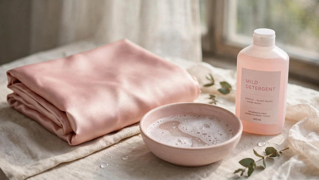 Gefalteter blush-rosa Satin-Kissenbezug neben einer Schüssel mit Seifenwasser und einem milden Waschmittel