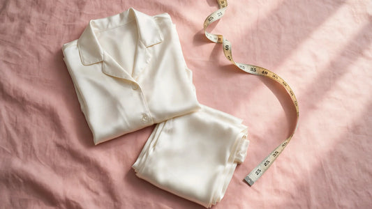 Gefaltetes elfenbeinfarbenes Seidenpyjama-Set neben einem sanft geschwungenen Maßband