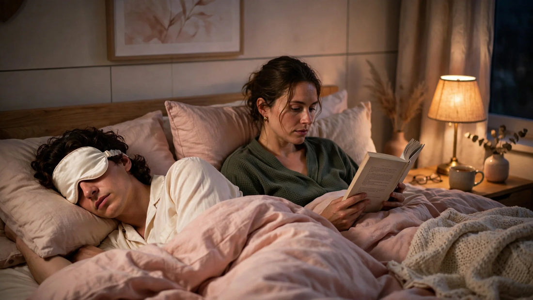 Paar im Bett nachts, eine Person schläft mit elfenbeinfarbener Seidenschlafmaske, die andere liest mit kleiner Nachttischlampe