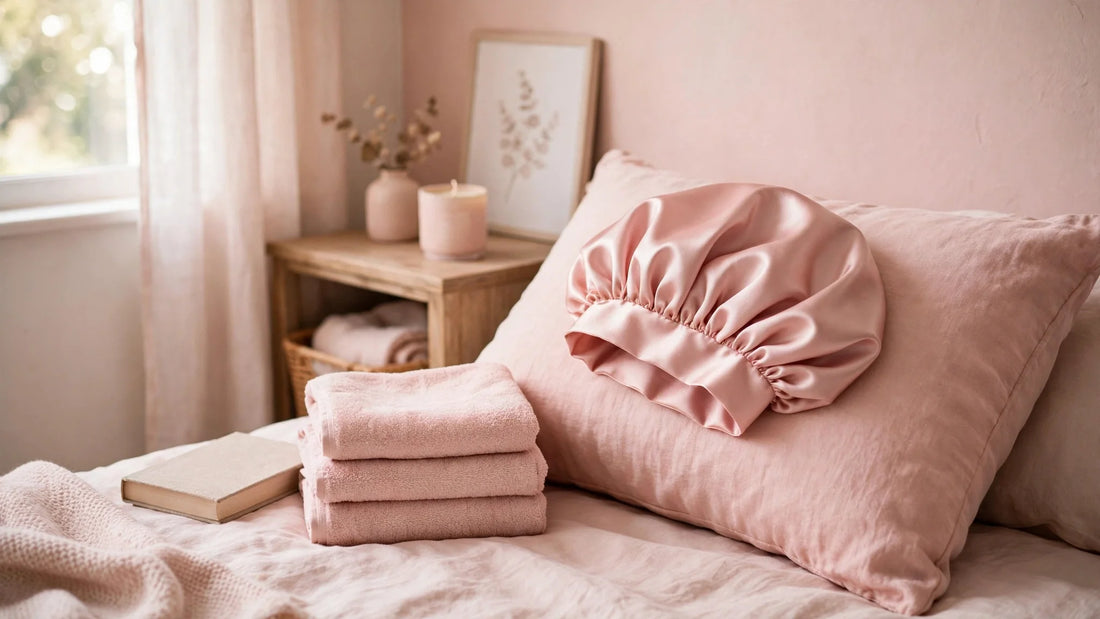 Blush-rosa Satin-Schlafhaube auf einem Kissen neben gefalteten Handtüchern