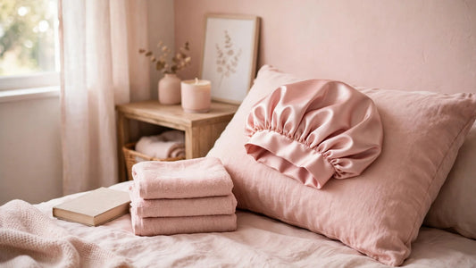 Blush-rosa Satin-Schlafhaube auf einem Kissen neben gefalteten Handtüchern