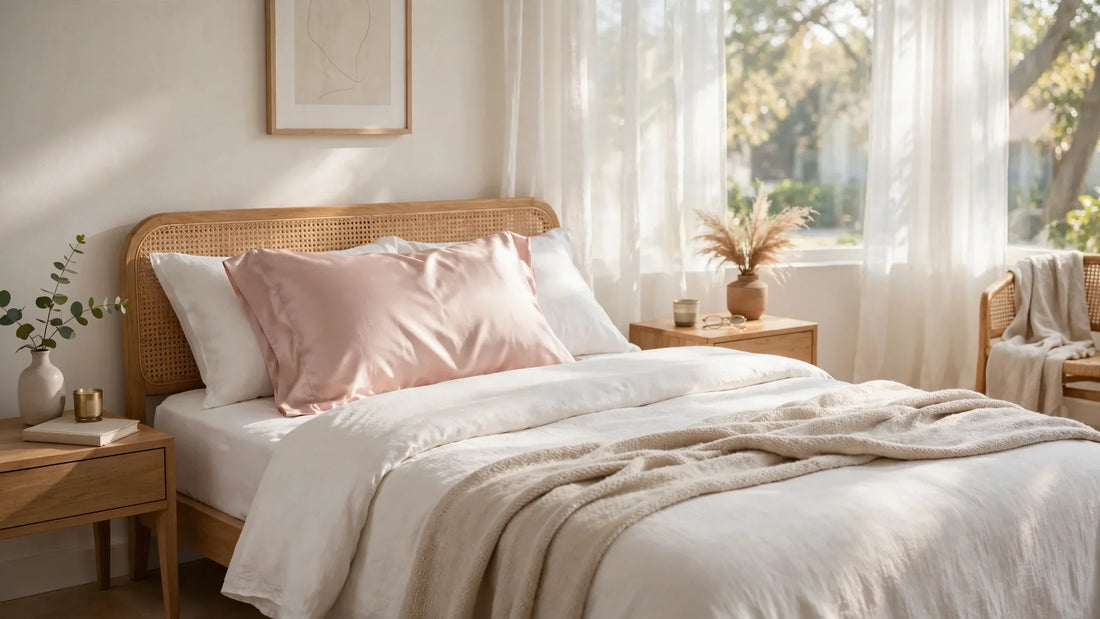 Helles Schlafzimmer mit rosa Seidenkissen am Morgen