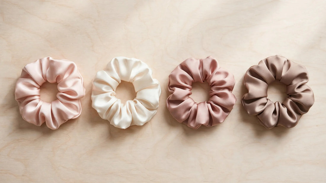 Kleine Kollektion Seiden-Scrunchies in verschiedenen sanften Farben, ordentlich auf hellem Holz arrangiert
