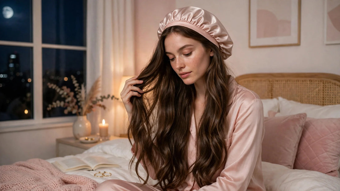 Frau mit langen Extensions und rosa Seidenhaube auf dem Bett am Abend