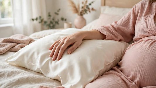 Hand einer schwangeren Frau ruht sanft auf einem elfenbeinfarbenen Seidenkissenbezug in einem hellen Schlafzimmer