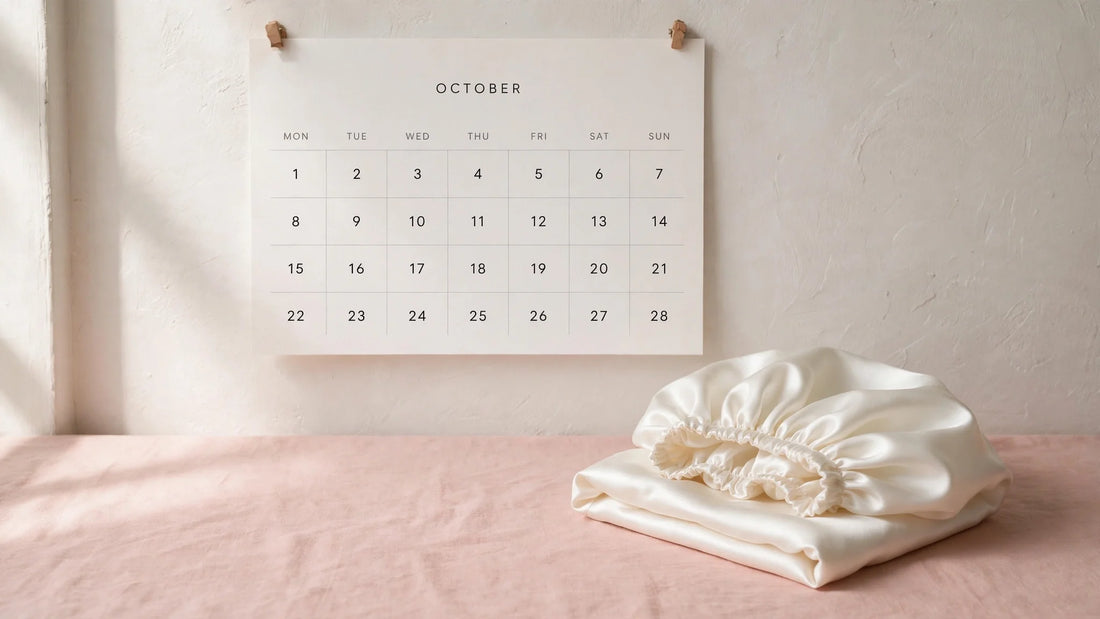 Minimalistischer Wandkalender mit vier Wochen neben einer gefalteten elfenbeinfarbenen Seidenhaube