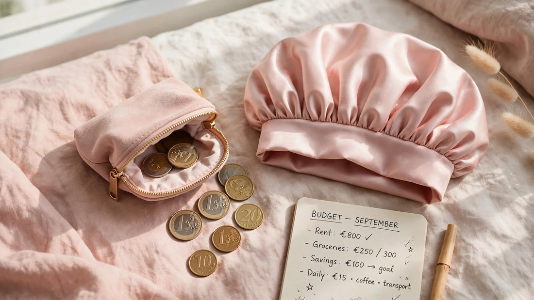 Kleines Münzpörtemonnaie und Euro-Münzen neben einer gefalteten blush-rosa Satin-Schlafhaube auf einem Bett