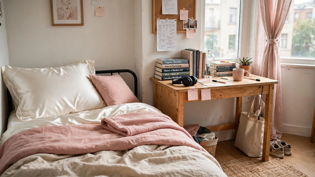 Gemütliches WG-Zimmer-Bett mit elfenbeinfarbenem Seidenkissenbezug, kleiner Schreibtisch mit Büchern im Hintergrund