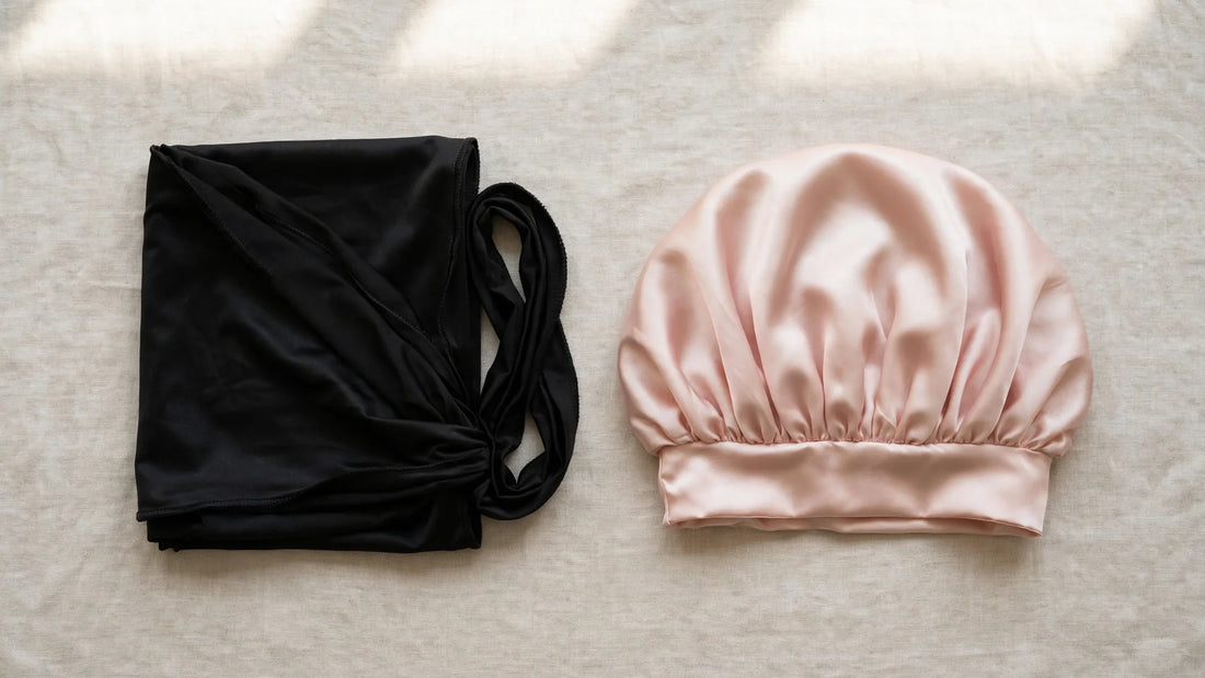 Ein schwarzer Durag und eine puderrosa Seidenhaube liegen ordentlich gefaltet nebeneinander