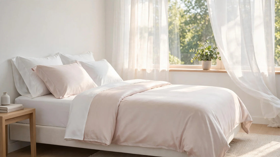 Helles, minimalistisches Schlafzimmer mit weißer und blush-rosa Seiden-Bettwäsche, viel natürlichem Licht, allergikerfreundliche Atmosphäre