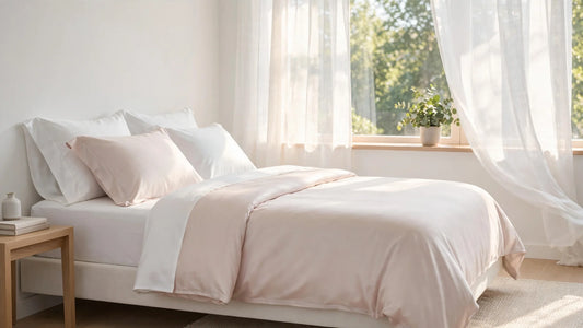 Helles, minimalistisches Schlafzimmer mit weißer und blush-rosa Seiden-Bettwäsche, viel natürlichem Licht, allergikerfreundliche Atmosphäre