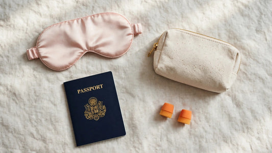 Seidenschlafmaske mit Reise-Kulturbeutel, Reisepass und Ohrstöpseln