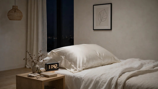 Nachttisch bei Nacht mit Wecker neben elfenbeinfarbenem Seidenkissenbezug