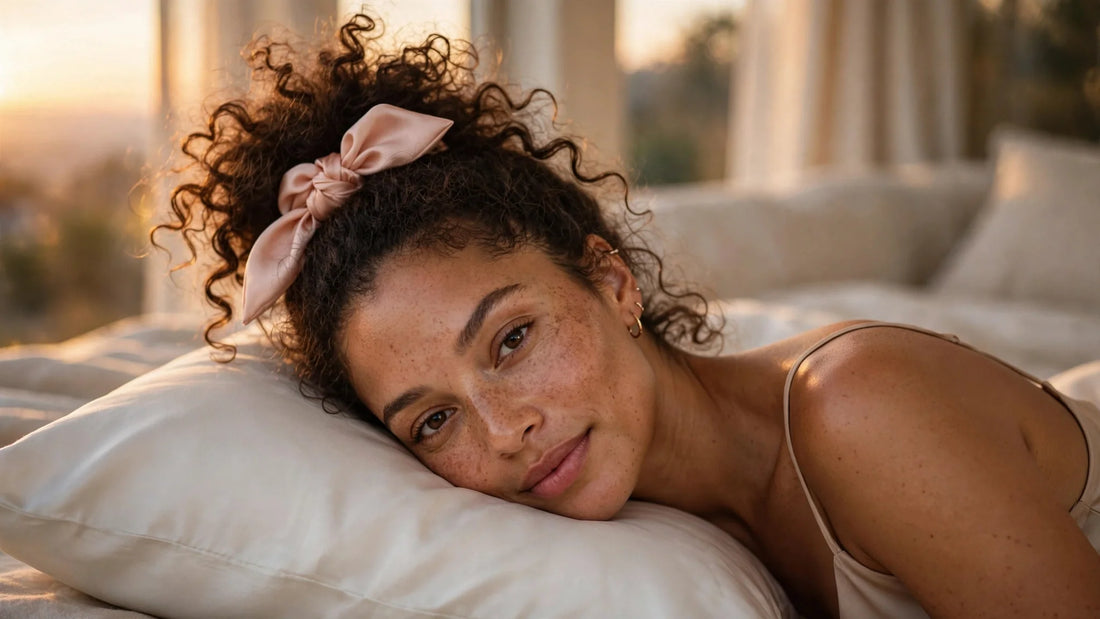 Frau mit lockigem Haar, hoch zu einem Pineapple-Style gebunden mit einem blush-rosa Seiden-Scrunchie, auf einem Seidenkissen liegend