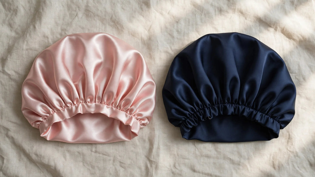 Eine rosa Seidenhaube und eine dunkelblaue Satinhaube nebeneinander im Vergleich