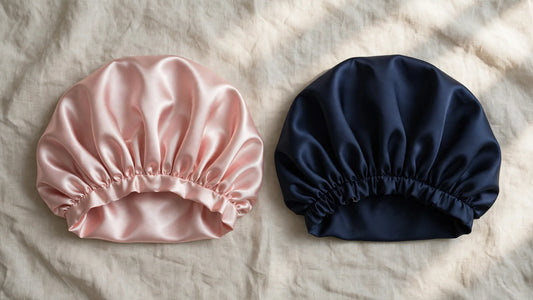 Eine rosa Seidenhaube und eine dunkelblaue Satinhaube nebeneinander im Vergleich