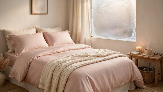 Gemachtes Bett mit warmer, blush-rosafarbener Seiden-Bettwäsche in einem gemütlichen Winterschlafzimmer