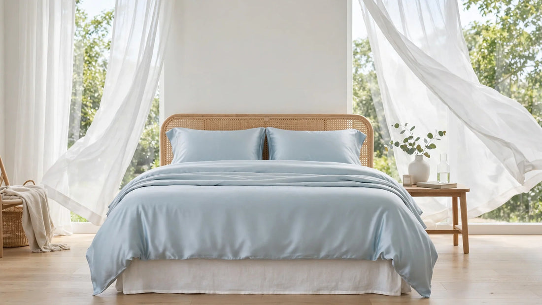 Gemachtes Bett mit hellblauer Seiden-Bettwäsche in einem hellen Sommerschlafzimmer