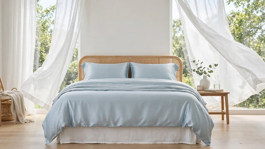 Gemachtes Bett mit hellblauer Seiden-Bettwäsche in einem hellen Sommerschlafzimmer