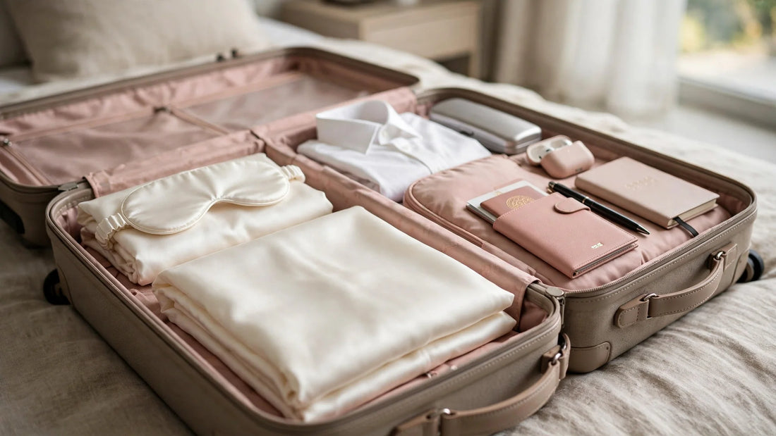 Geöffneter Reisekoffer mit ordentlich gefalteter elfenbeinfarbener Seidenschlafmaske und Kissenbezug