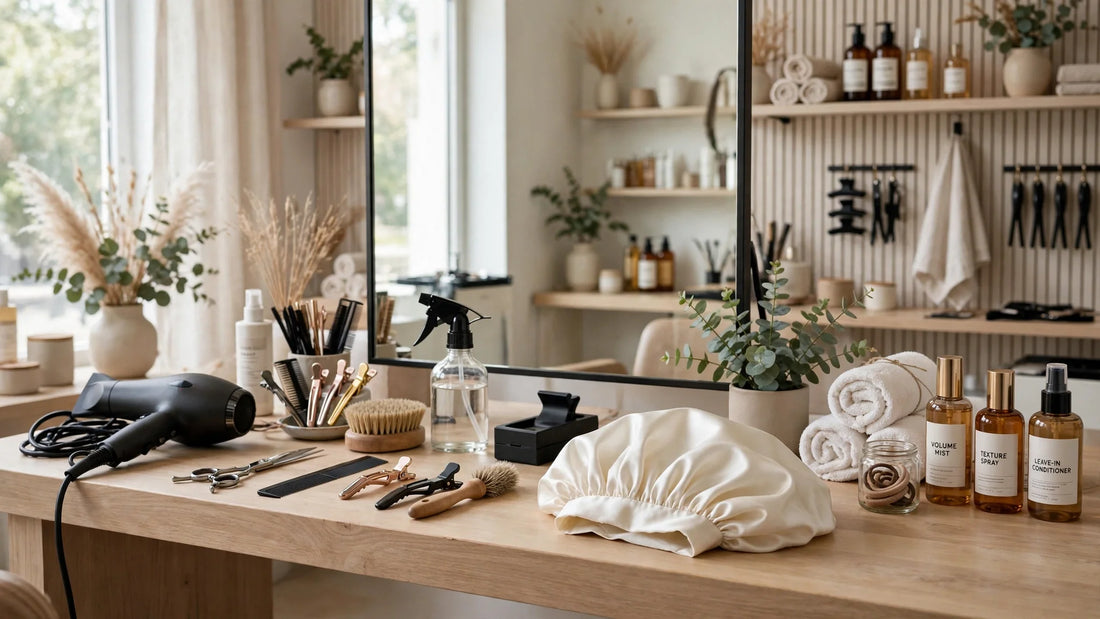 Friseursalon-Theke mit Styling-Werkzeugen und elfenbeinfarbener Seidenhaube
