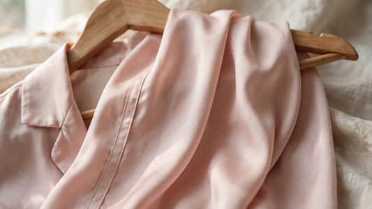 Blush-rosafarbenes Seidenpyjama-Oberteil hängt sanft über einem Holzkleiderbügel, Stofftextur sichtbar
