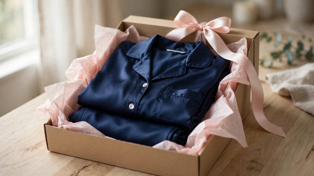 Marineblauer Seidenpyjama liegt elegant gefaltet in einer offenen Geschenkbox mit rosa Seidenpapier und Schleife