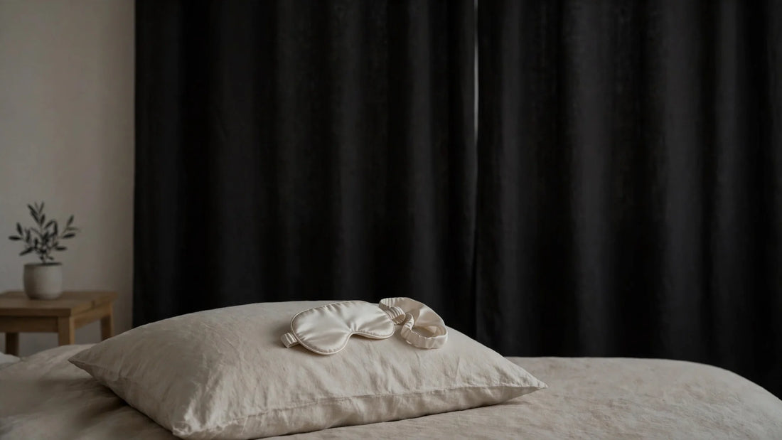Verdunkeltes Schlafzimmer am Tag mit geschlossenen Vorhängen und einer Seidenschlafmaske auf dem Kissen