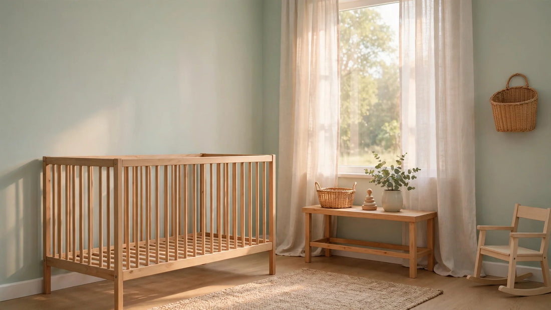 Sanftes Pastell-Kinderzimmer mit leerem Holzbettchen ohne Bettwäsche