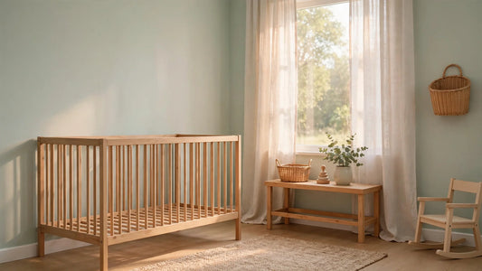 Sanftes Pastell-Kinderzimmer mit leerem Holzbettchen ohne Bettwäsche