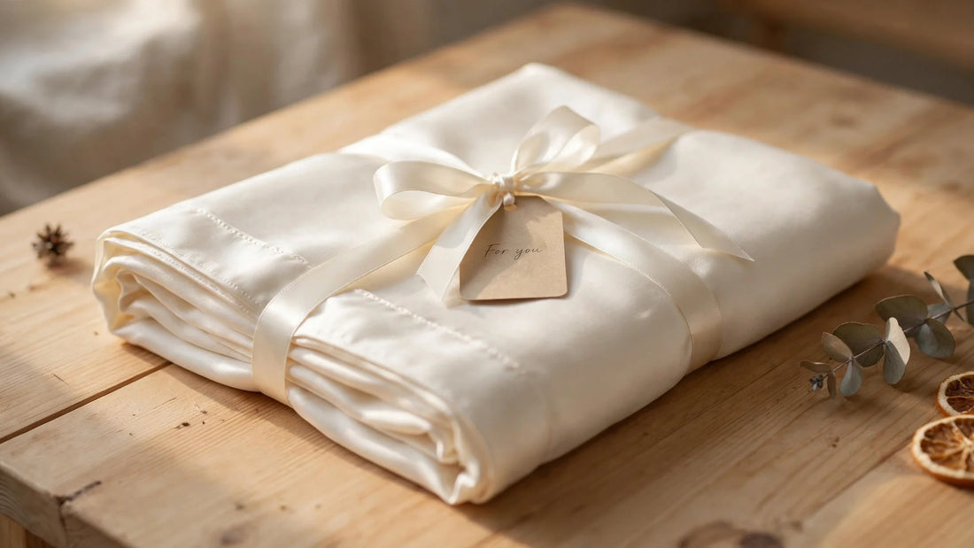 Elegantes Geschenkverpackungs-Setup mit gefaltetem elfenbeinfarbenem Seidenkissenbezug, Satinschleife und Geschenkanhänger