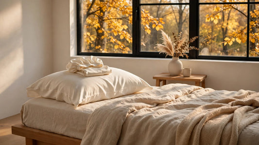 Herbstliches Schlafzimmer mit goldenen Blättern vor dem Fenster, elfenbeinfarbenem Seidenkissenbezug und gefalteter Seidennachtmütze