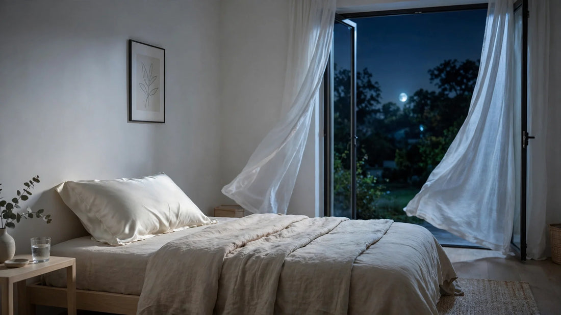 Ruhiges Schlafzimmer bei Nacht mit offenem Fenster, wehenden Vorhängen und elfenbeinfarbenem Seidenkissenbezug