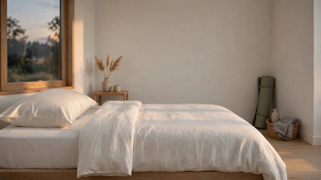 Ruhiges minimalistisches Schlafzimmer mit Elfenbein-Seidenkissenbezug und Yogamatte in der Ecke