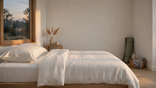 Ruhiges minimalistisches Schlafzimmer mit Elfenbein-Seidenkissenbezug und Yogamatte in der Ecke