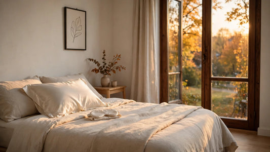 Gemütliches Herbst-Schlafzimmer mit elfenbeinfarbenem Seidenkissenbezug und gefalteter Seidenschlafmaske im warmen Licht