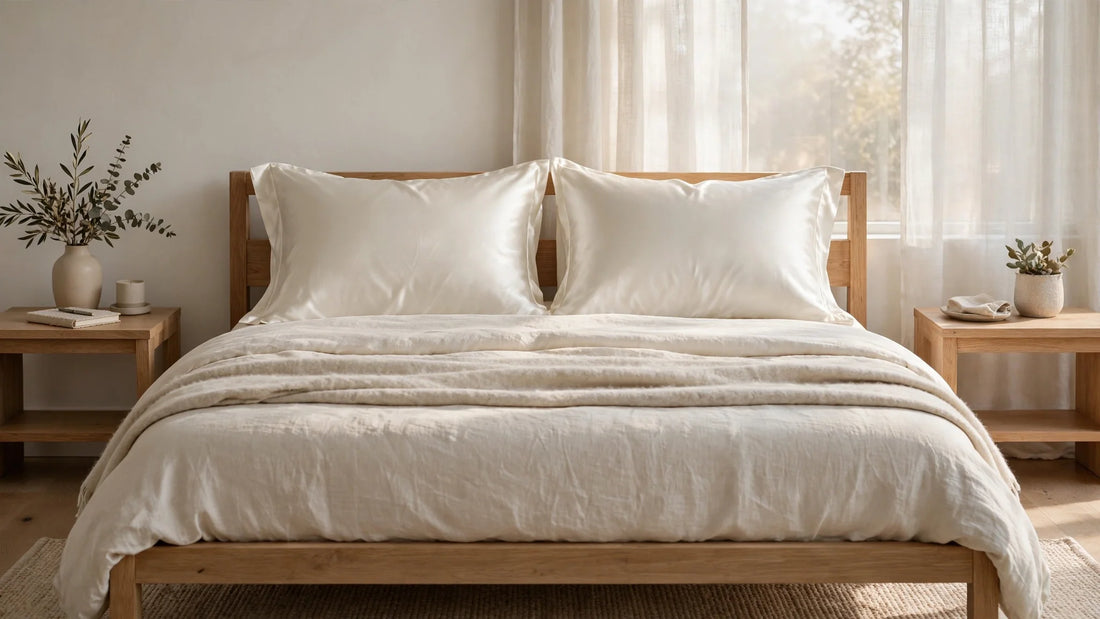 Schlafzimmer mit zwei passenden elfenbeinfarbenen Seidenkissenbezügen nebeneinander auf einem gemachten Bett