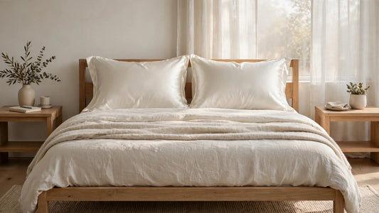 Schlafzimmer mit zwei passenden elfenbeinfarbenen Seidenkissenbezügen nebeneinander auf einem gemachten Bett